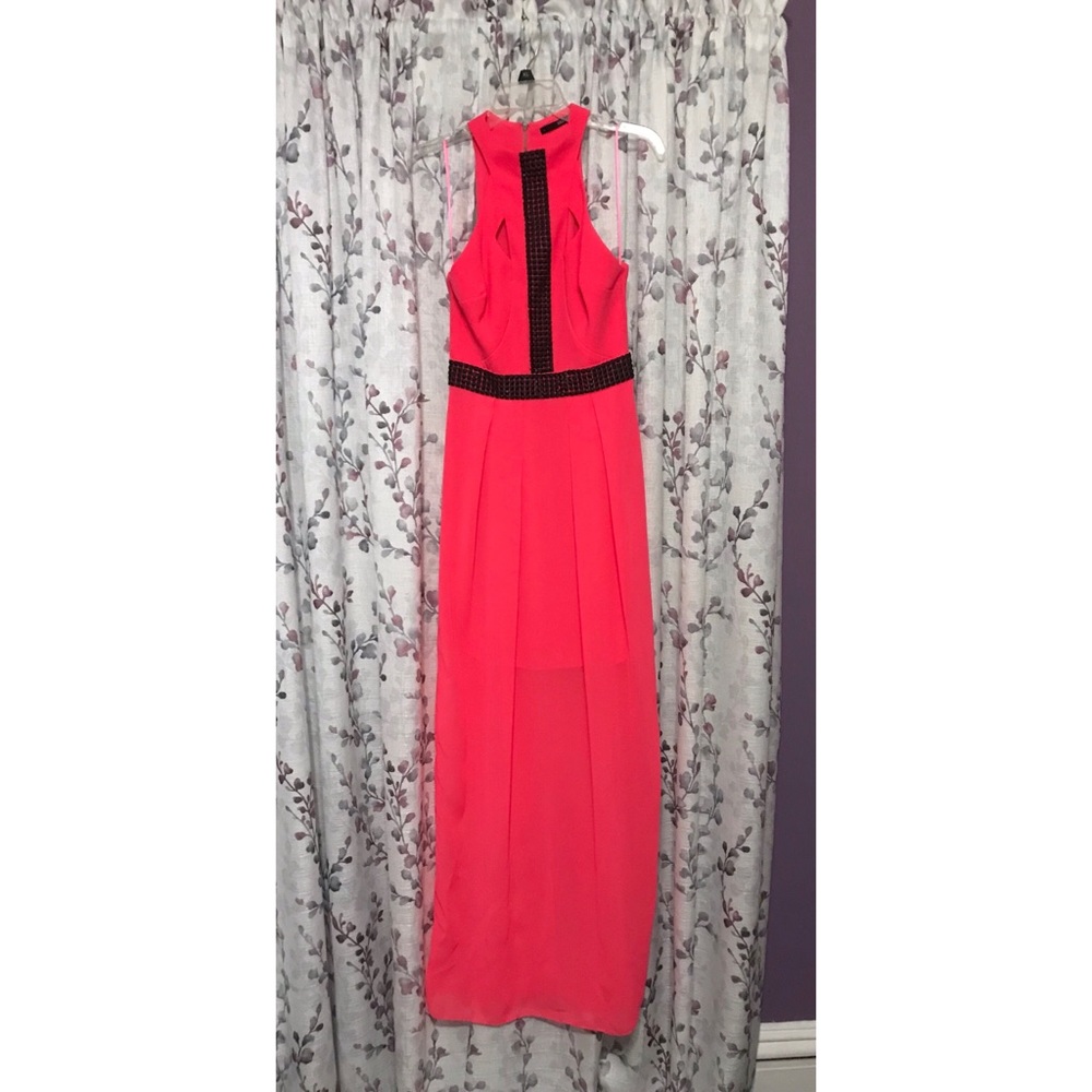 Dressy coral/pink maxi dress.